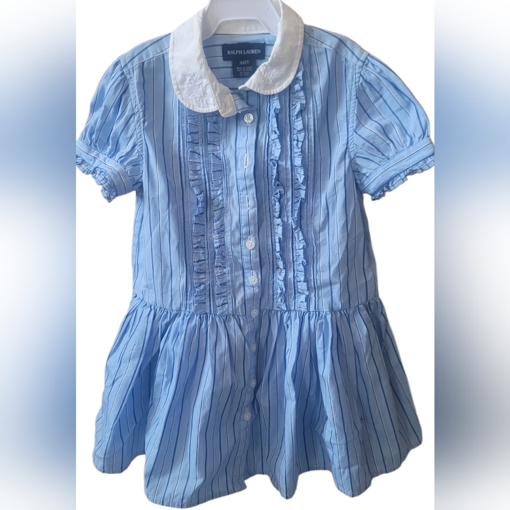 Ralph Lauren Girls Blue Striped Ruffled Dress 4T